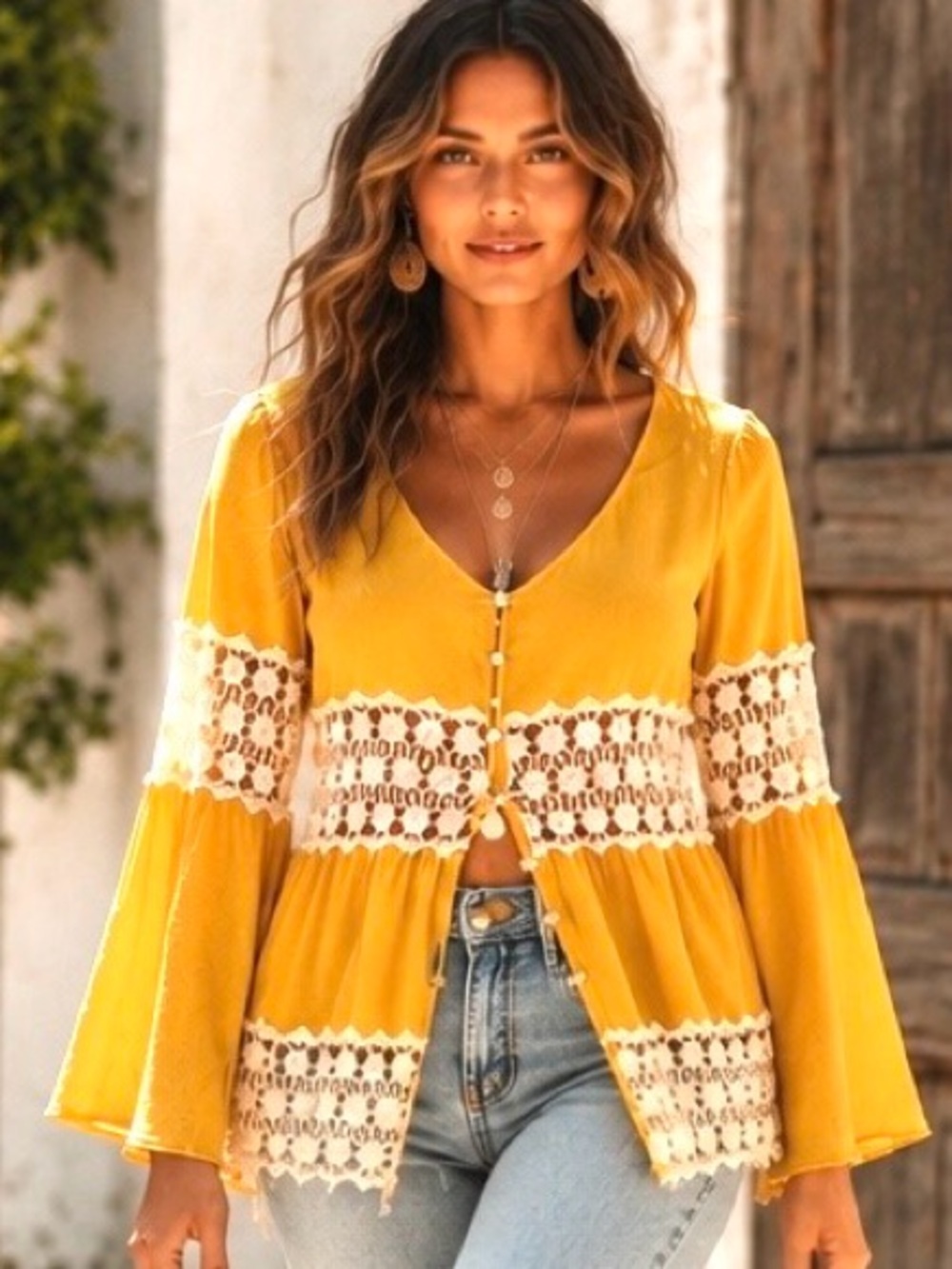 Entro Mustard Gold Crochet Lace Boho Bell Sleeve Blouse M